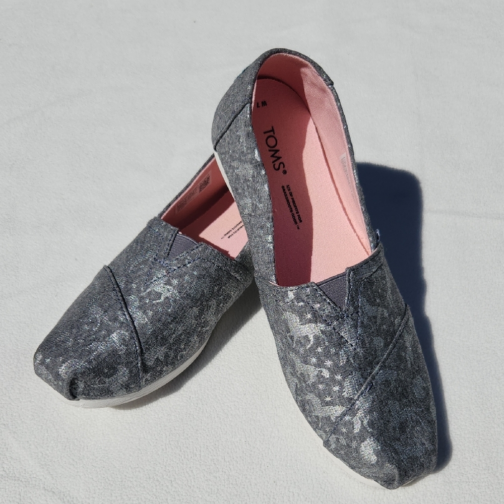 TOMS Alpargata Classic Slip-Ons | Dark Grey Silver Glitter Unicorns | Size 7